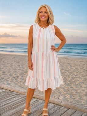 beachlunchlounge White Dress with Blue & Red Stripes Size XL